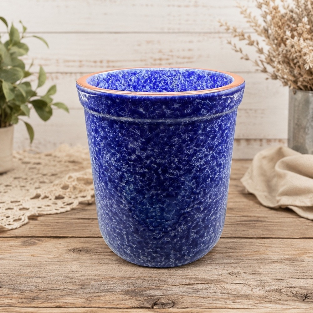 Style-Eyes Baum Bros Terra Collection Blue Spongeware Ceramic Crock Utensil Jar